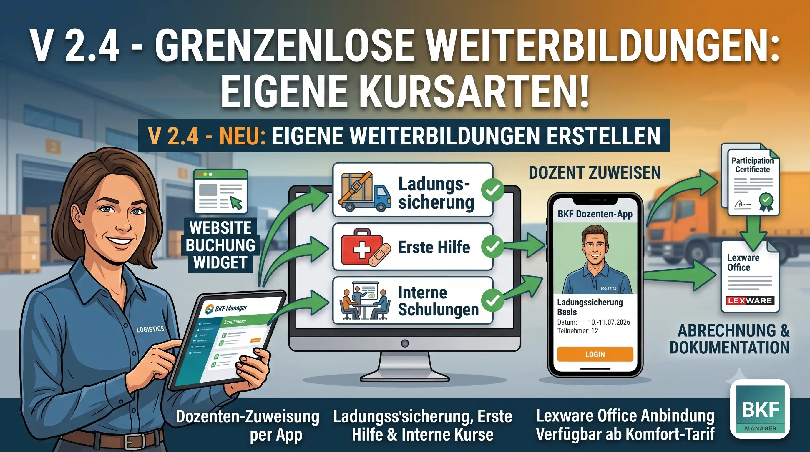 BKF Manager V2.4 Thumbnail: 'GRENZENLOSE WEITERBILDUNGEN' Visualisierung mit Icons für Ladungssicherung, Erste Hilfe und interne Schulungen. Ein Smartphone zeigt die Dozenten-Zuweisung per App. Lexware Integration ist ebenfalls sichtbar.
