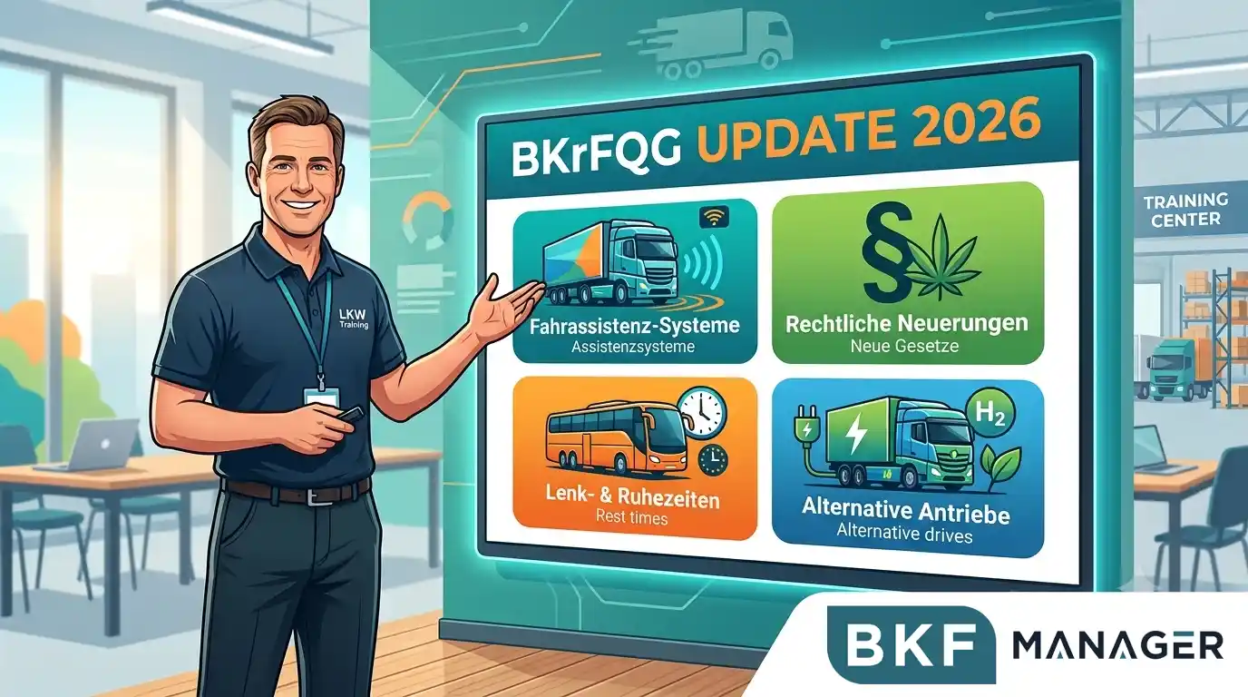 BKrFQG Update 2026: Ein Dozent präsentiert im Training-Center die vier neuen Pflichtthemen — Fahrassistenz-Systeme, rechtliche Neuerungen, Lenk- & Ruhezeiten und alternative Antriebe.