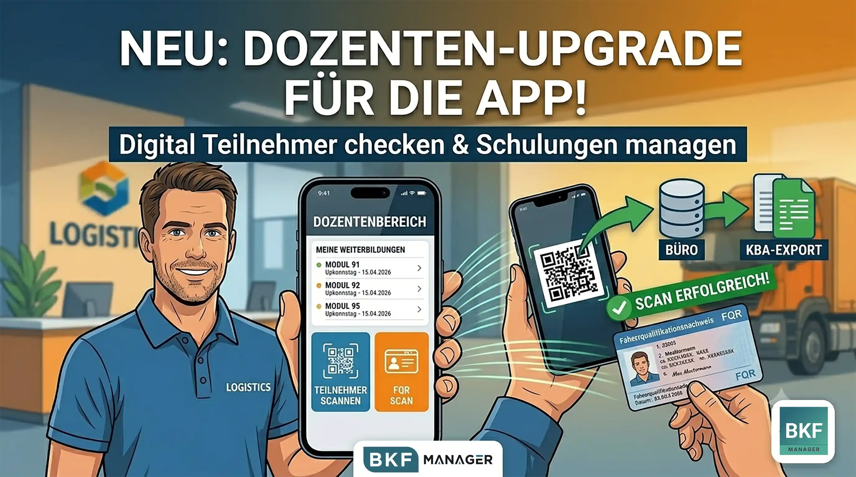 Vergleichsgrafik: Ein Dozent scannt mit der BKF Manager App Teilnehmer per QR-Code und FQR-Scanner ein, anstatt Anwesenheitslisten auf Papier zu führen.