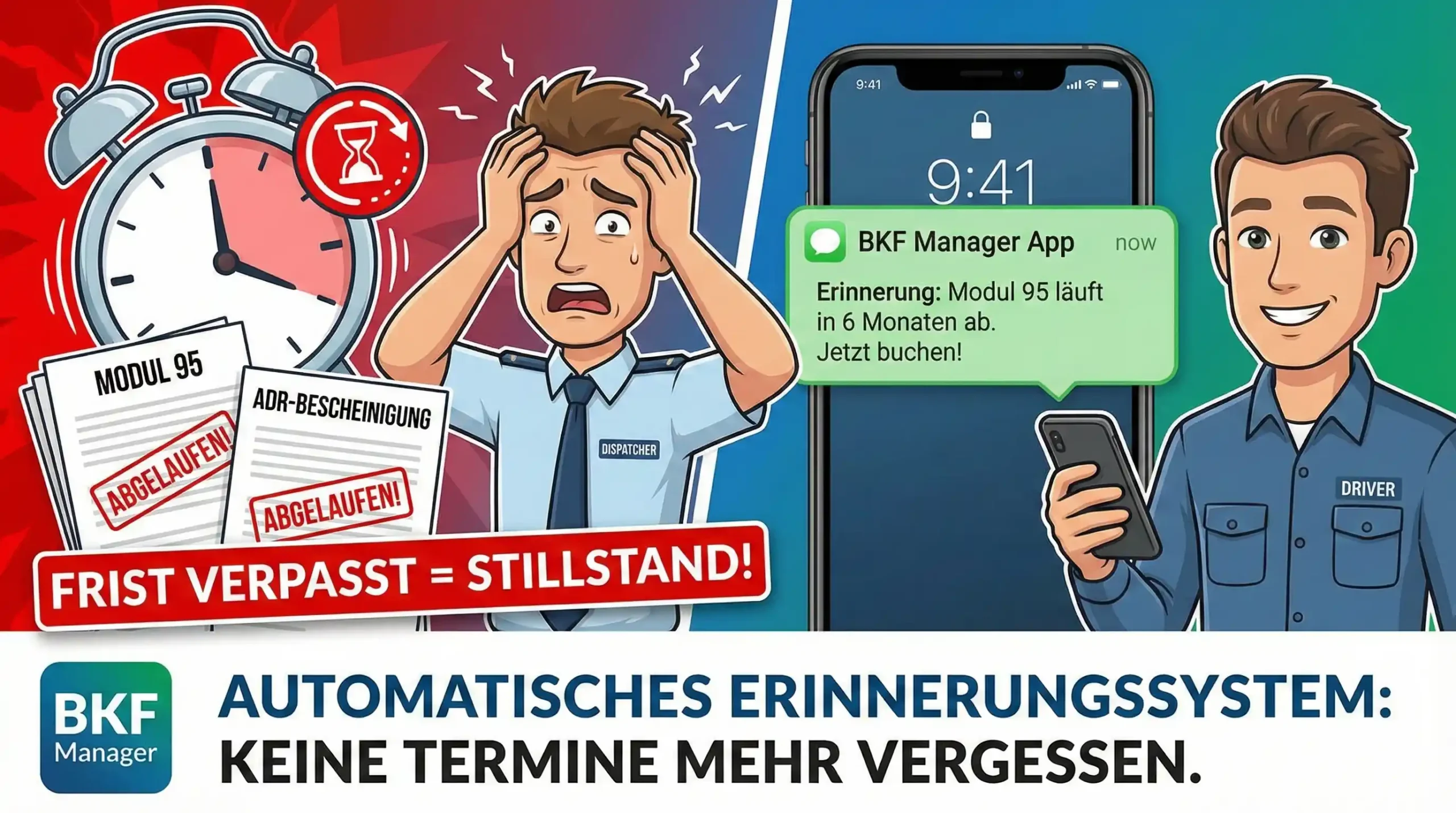 Push-Benachrichtigung erinnert Kraftfahrer an ablaufendes Modul 95 und ADR-Bescheinigung