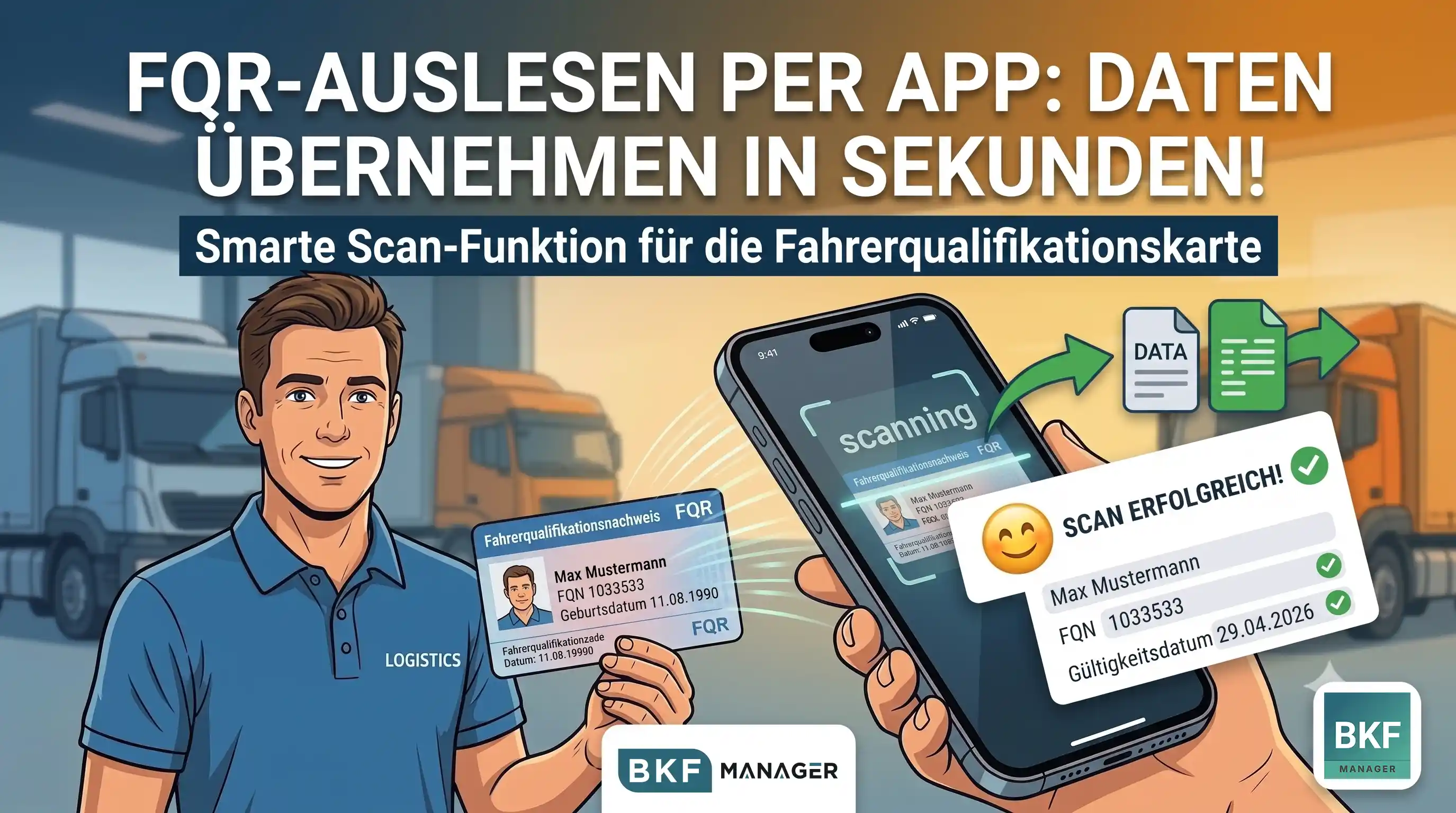 Vergleichsgrafik: Ein Smartphone scannt mit der BKF Manager App die Fahrerqualifikationskarte eines Kraftfahrers zum schnellen FQR auslesen, anstatt Daten manuell abzutippen.