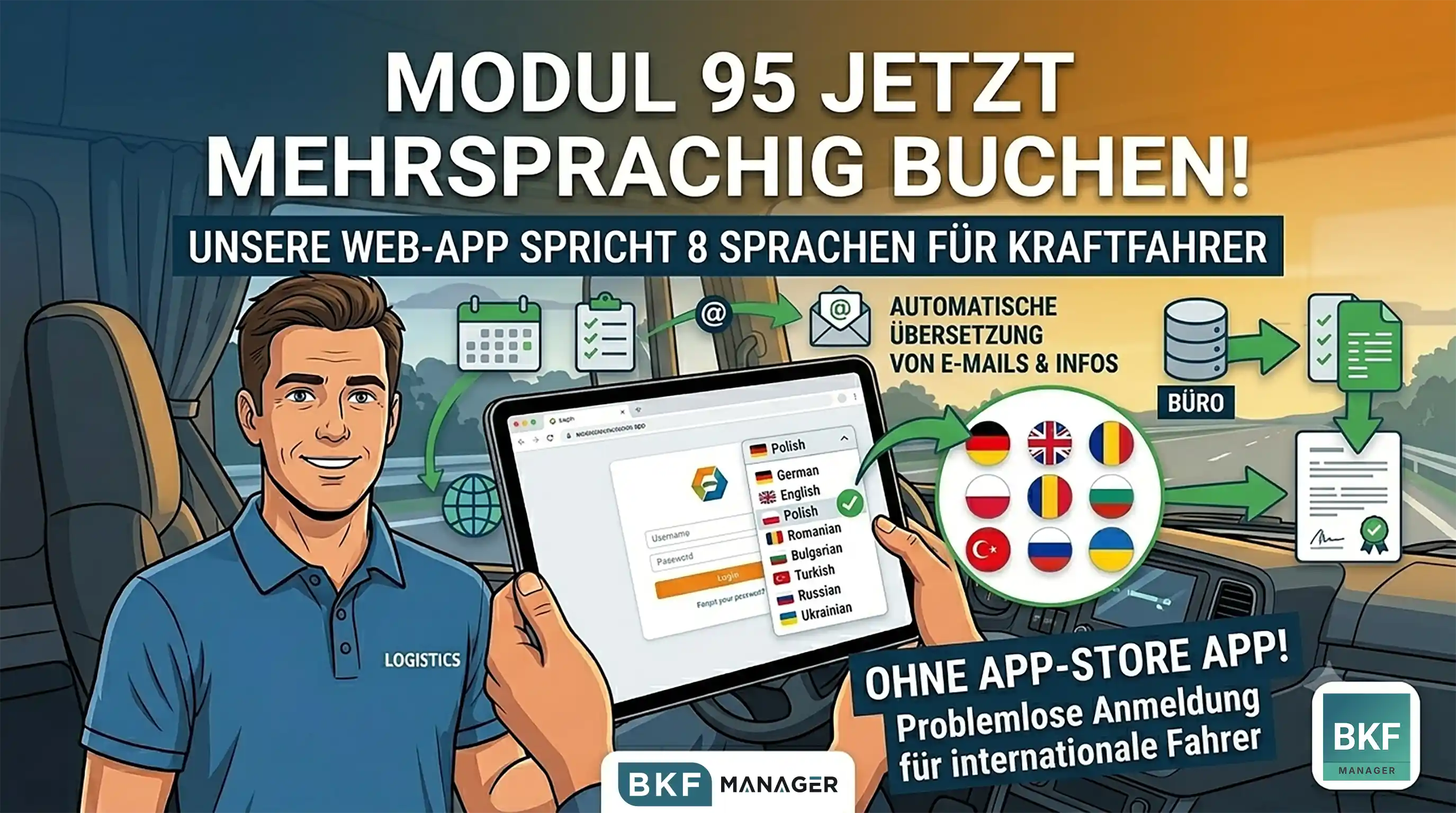 Vergleichsgrafik: Ein LKW-Fahrer nutzt ein Tablet und wählt über das BKF Manager Login-Bildschirm-Dropdown-Menü mit Flaggen seine Muttersprache aus, anstatt auf Deutsch buchen zu müssen. Die 8 unterstützten Sprachen werden visualisiert.