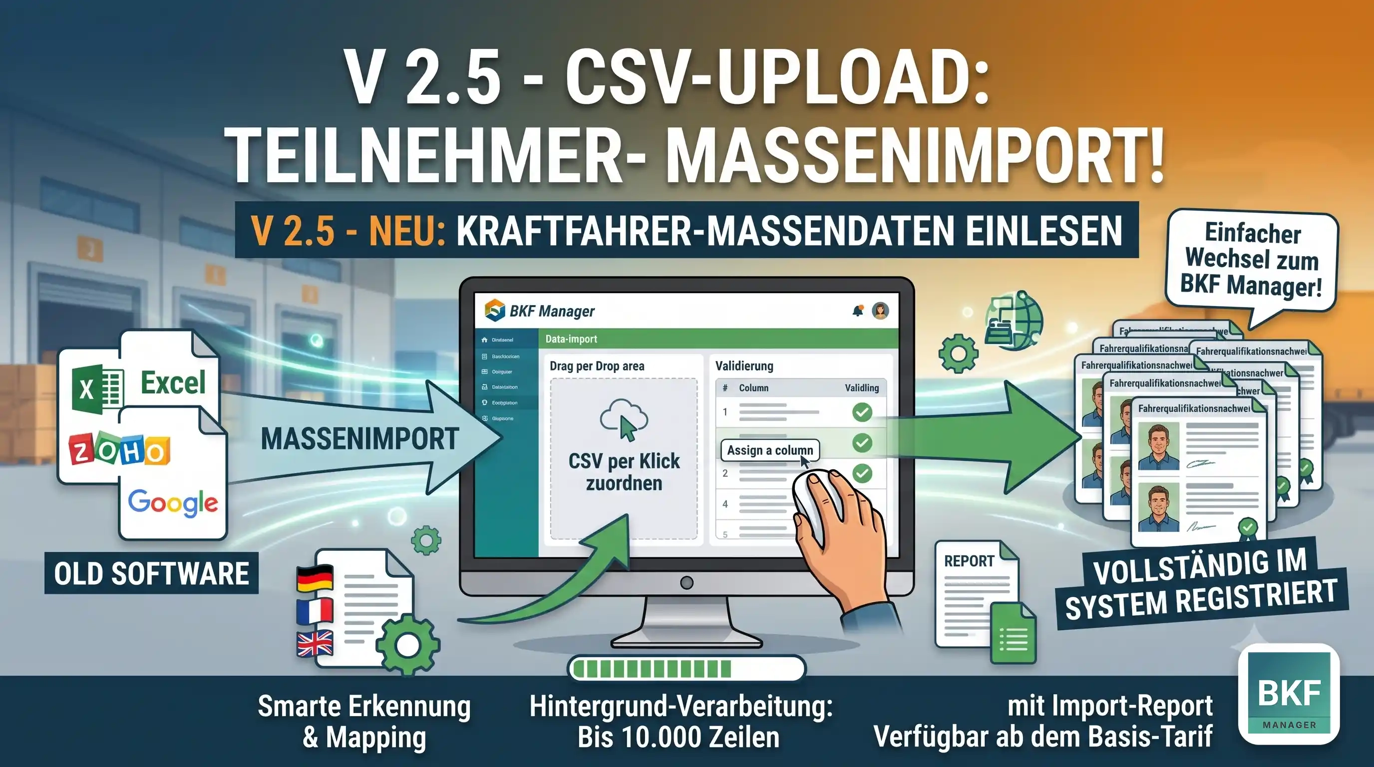 Vergleichsgrafik: Datenmigration leicht gemacht. Ein Disponent nutzt den CSV-Massenimport im BKF Manager, um Teilnehmerdaten aus Excel und alten Systemen fehlerfrei zu übertragen.