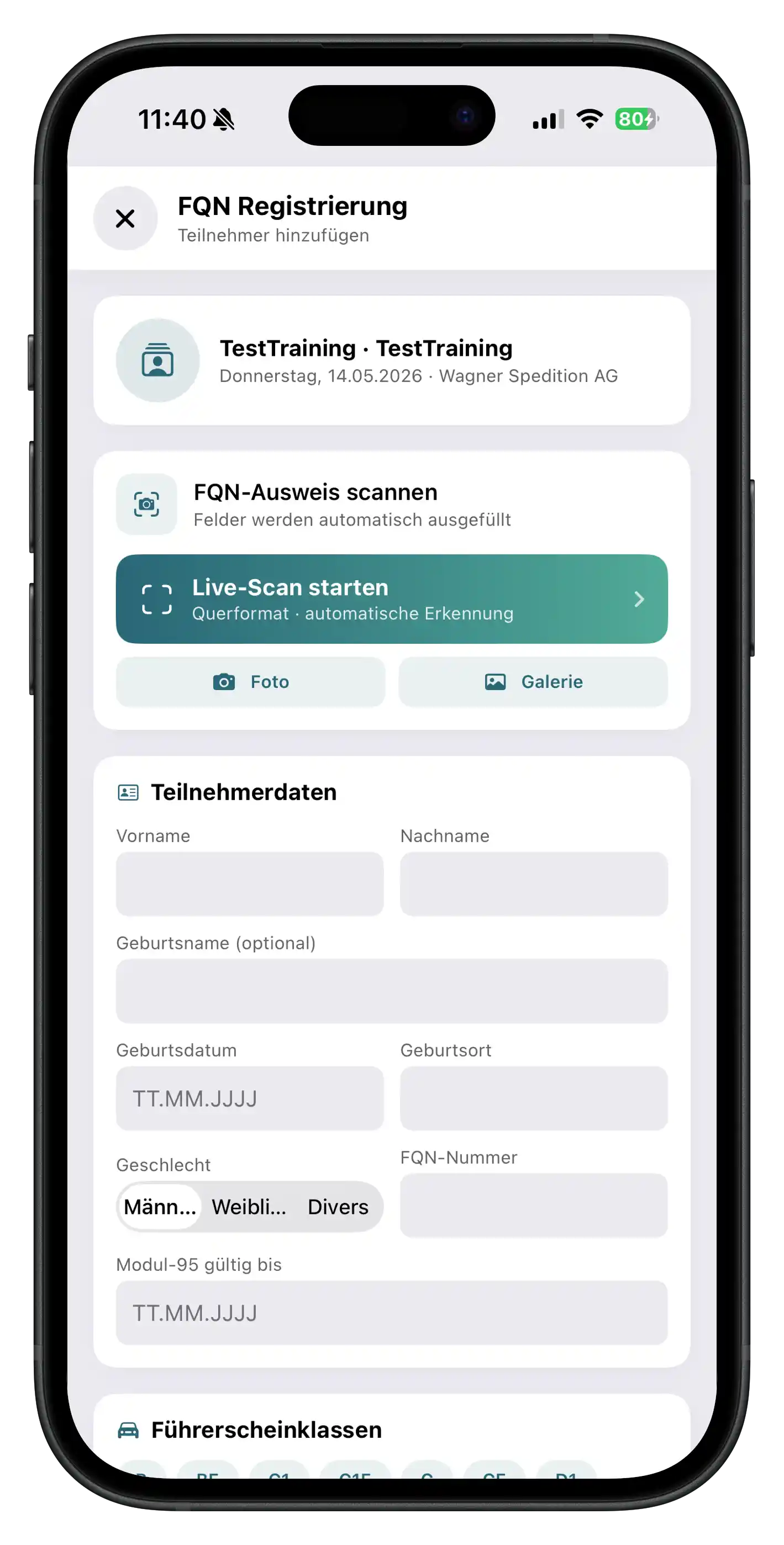 FQN-Registrierung — Teilnehmer erfassen in der BKF App